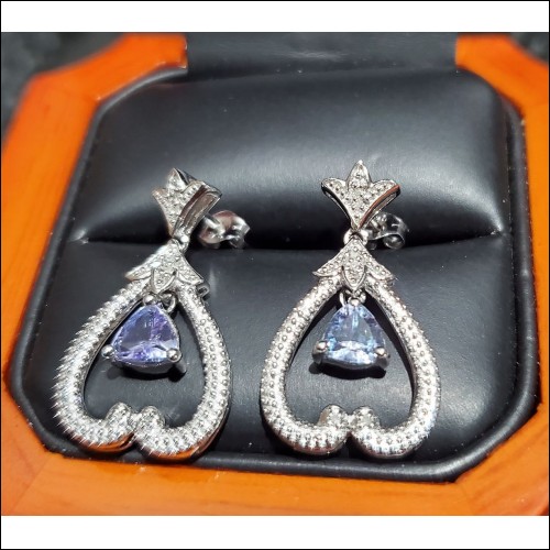 .85Ct Tanzanite Trilliant & Diamond Dangle Heart Earrings Sterling Silver December Birthstone $1Nr